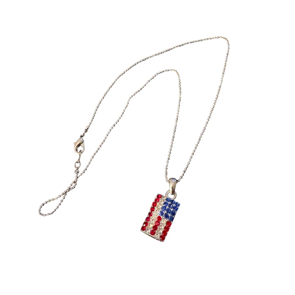American Flag Rhinestone‎ Pendant Necklace Silver Tone Ball Chain Patriotic USA